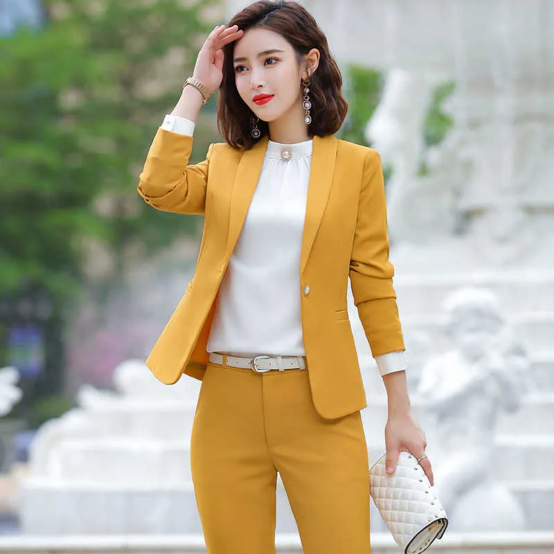 Conjunto de traje blanco de negocios de alta calidad para mujer, blazer informal de otoño de manga larga con un botón, pantalones para mujer, chaqueta de oficina S-4XL 210527