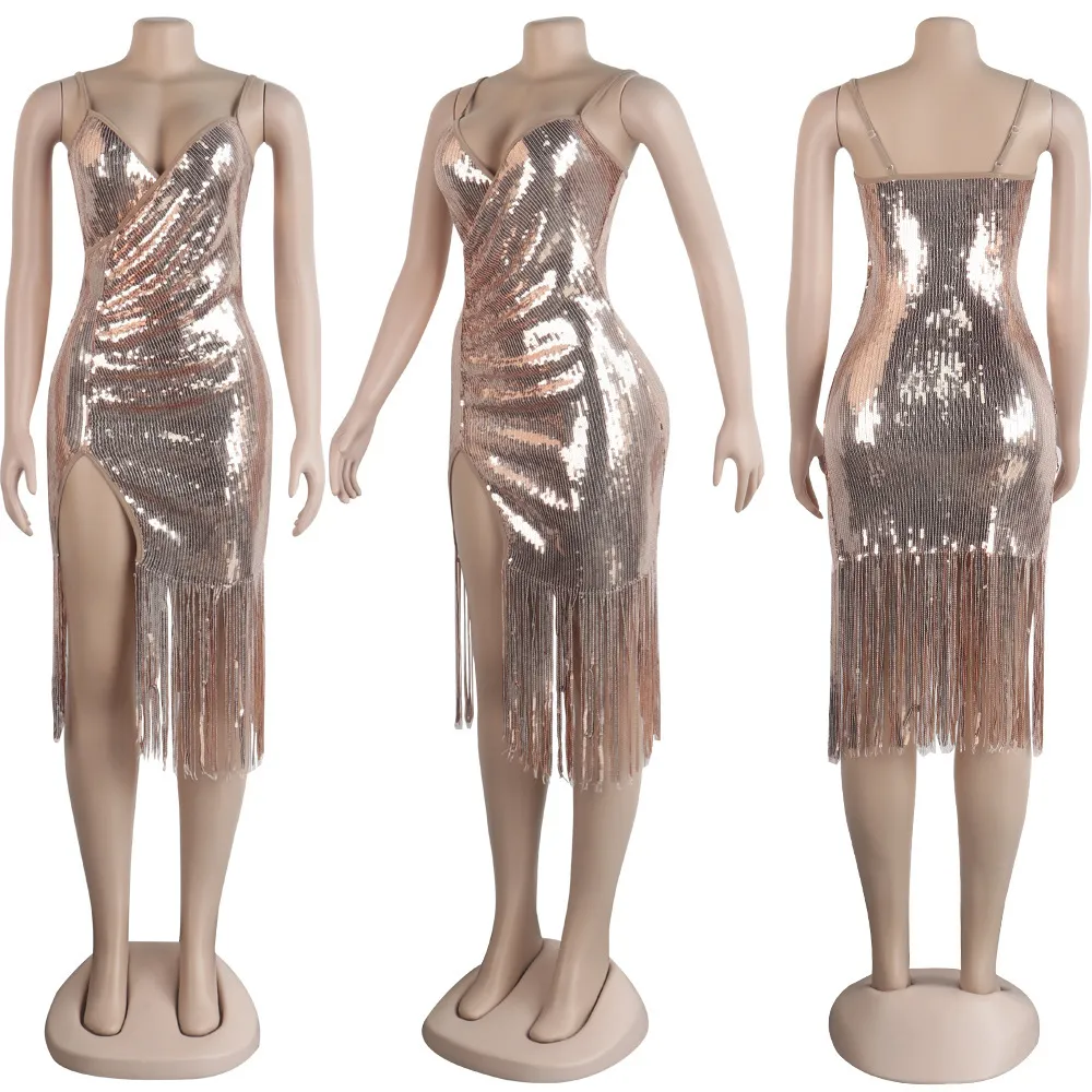 Anjamanor Sparkly Gold Sequins Sexy Robes Femme Partie Nuit Anniversaire Tassel Split Split Manches Midi Robe moulante Midi D35-EI32 Y0118