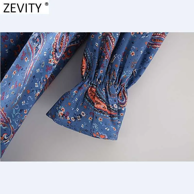 Zevity Women Vintage Ruffled Collar Cashew Nuts Print Casual Mini Dress Female Lace Up Vestido Chic Agaric Lace Dress DS4803 210603