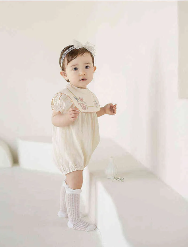 Summer Baby Kids Rompers Short Sleeve Embroidery Flower Cute Creeper Girl's Bodysuit Outfits 211101