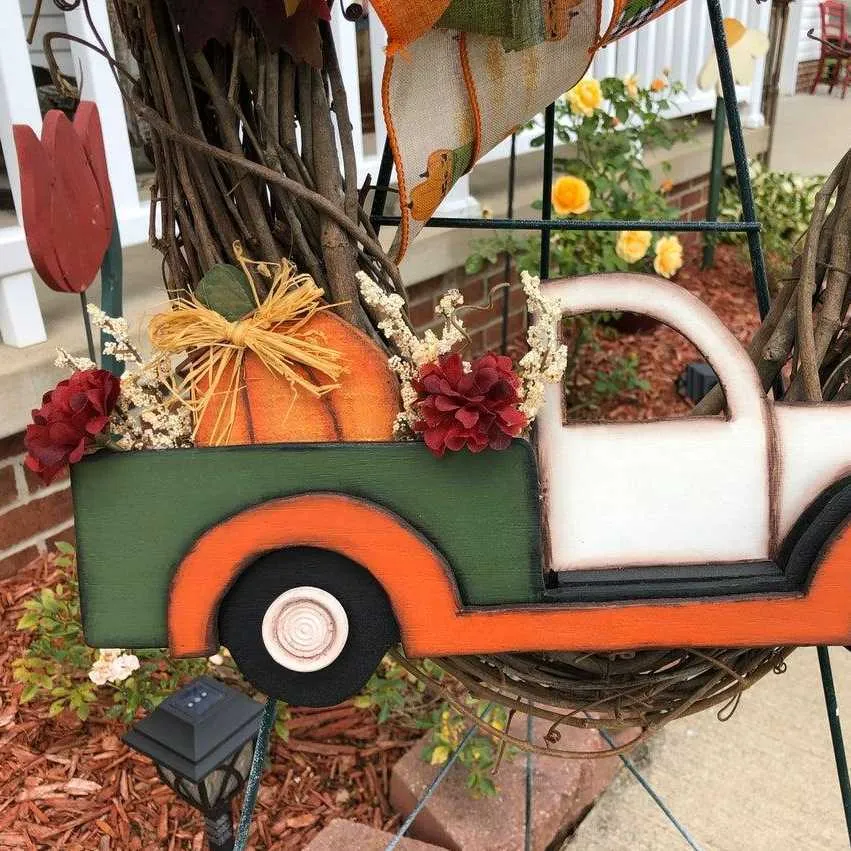 Halloween Pumpkin Truck Wreath Fall For Front Door Farm Autumn Car Decoration Doorplate Decor Dropship Q0812225R