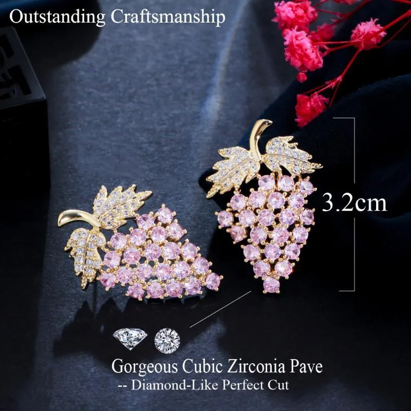 Lustre pendant en pierre de zircone cubique rose raisin, boucles d'oreilles en forme de grande goutte de plante pour femmes, bijoux d'été uniques de styliste