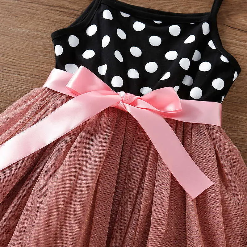 Summer Kids Girls Dress Black Pink Patchwork Dot Sleeveless Sling Mesh Vestidos with Sashes for 2-6 Years E663 210610