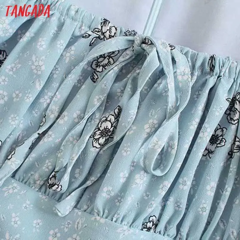 Tangada Sommer Frauen Blau Blumen Drucken Französisch Stil Langes Kleid Puff Kurzarm Damen Sommerkleid 3H435 210609