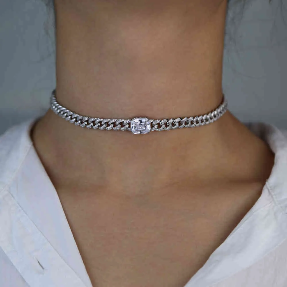 Rektangel Charm Neckalce Cubic Zircon CZ Miami Kubansk Länk Kedja Kvinnor Choker Guld Silver Färg Iced Out Rock Fashion Smycken