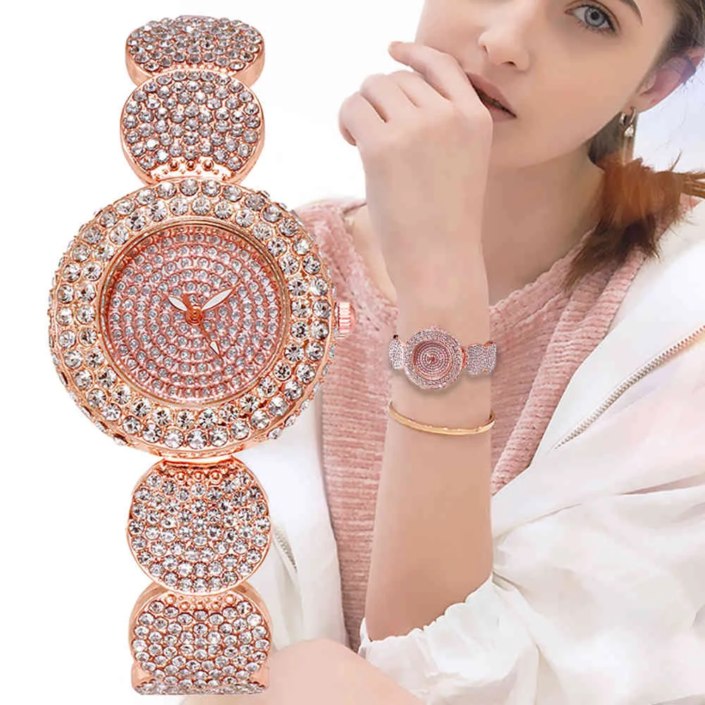 Moda Luksusowe Rhinestone Kobiety Zegarki Casual Crystal Dial Design Damska kwarcowe Zegarek Różowy Złoty Stal Bransoletka Pasek