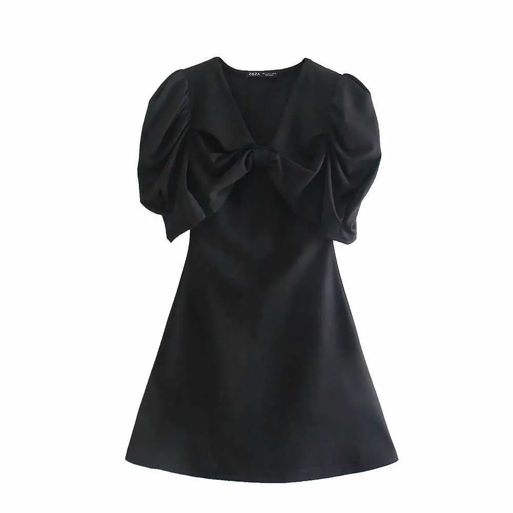 Summer Moda temperament Chic V-Neck Bow Tie Proste Damskie Dress Casual Street Youth Women 210531