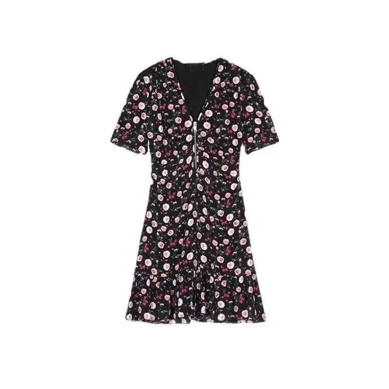2021 Sommar Höst Kortärmad V Nacke Black Dress Sweet Pink Floral Print Paneled Zipper Knä-längd Kvinnor Mode Klänningar G123052