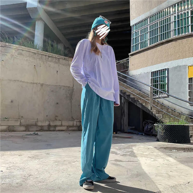 Houzhou Blue Corduroy Calças Mulheres Estilo Coreano Moda Oversize Straight Verão Streetwear Kpop Wide Perna Calças Feminino 210925