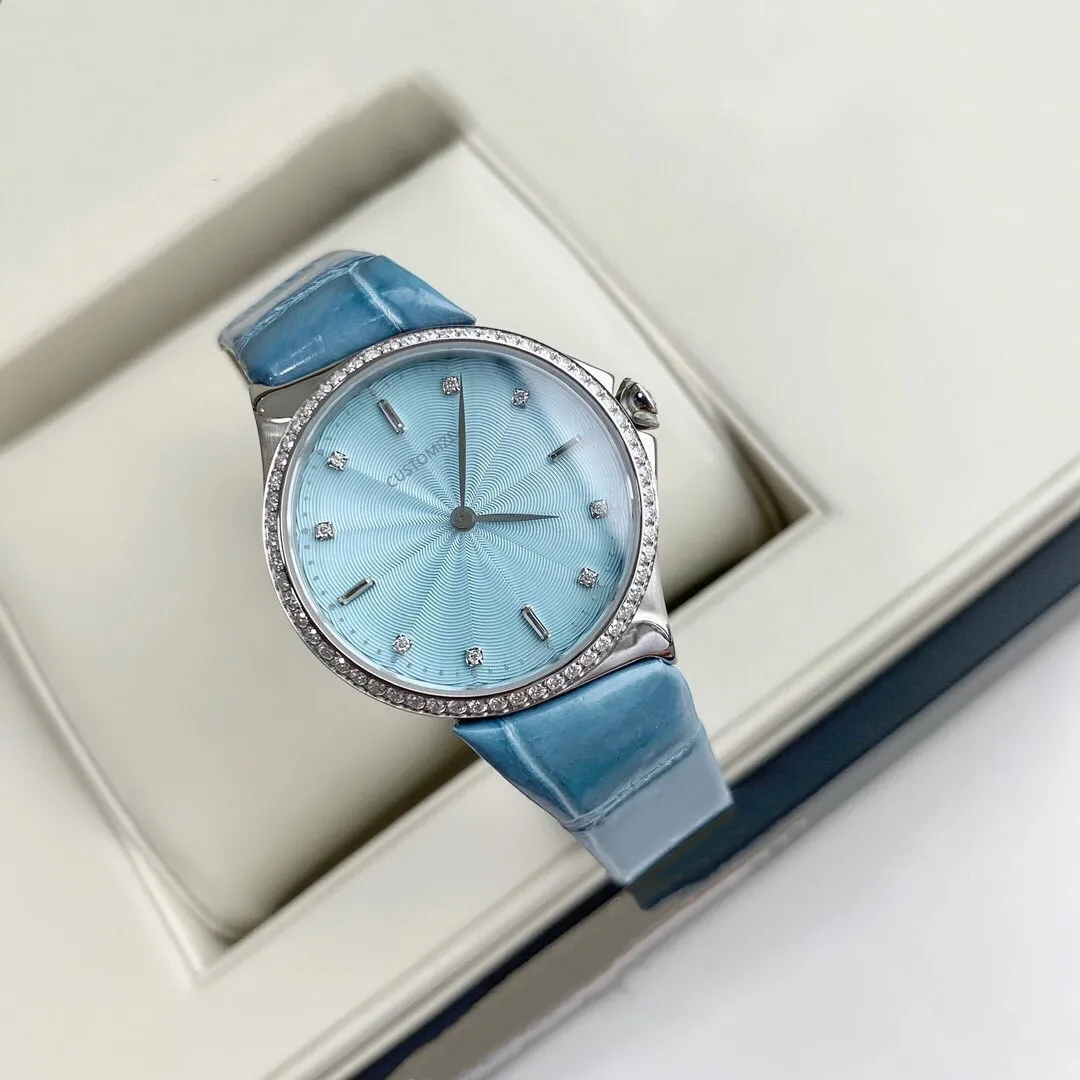 Mode Marke Frauen Dame Quarzuhr METRO Mossan Diamant Blau Zifferblatt Armbanduhr Echtes Leder Saphir Uhr