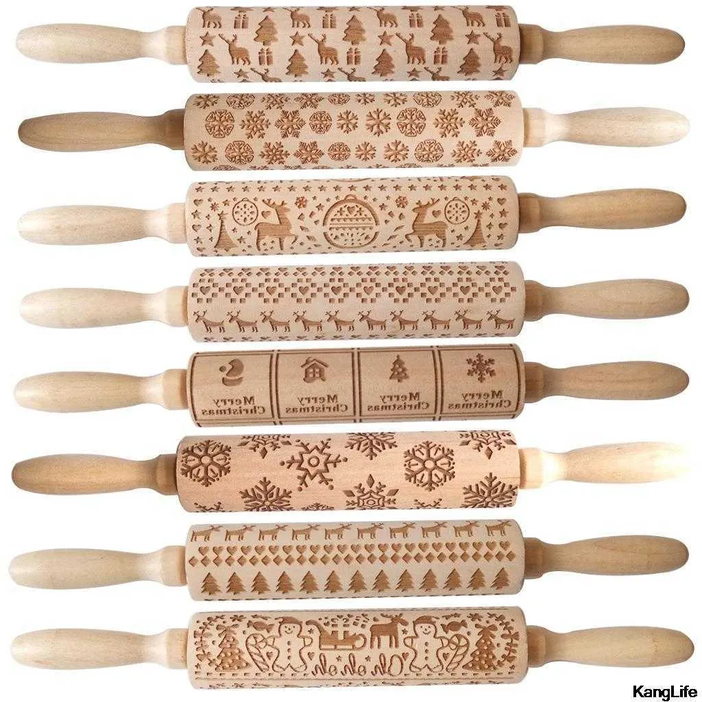 35 cm Kerstmis Embossing Rolling Pin Bakken Cookies Noodle Biscuit Fondant Cake Deeg Gegraveerde Roller Rendier Sneeuwvlok Houten 211008