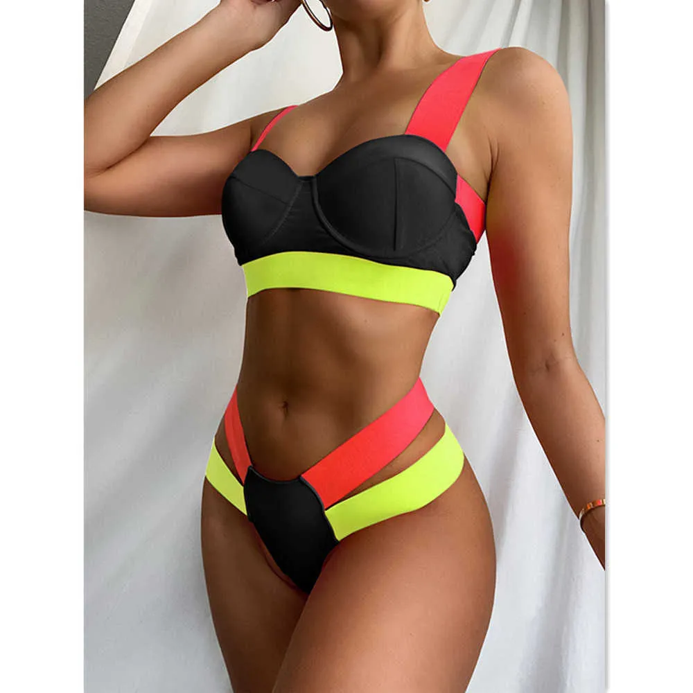 Sexig hög midja bikini mujer kvinnor bikini set sexig split färg matchande baddräkt badkläder baddräkt push up beachwear 210604