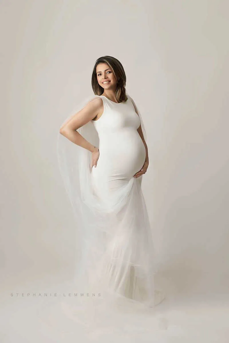 Long Tulle Cape Maternity Photogrpahy Long Dress Baby Shower Stretchy White Dress Sleeveless Pregnancy Woman Photo Shoot Dress