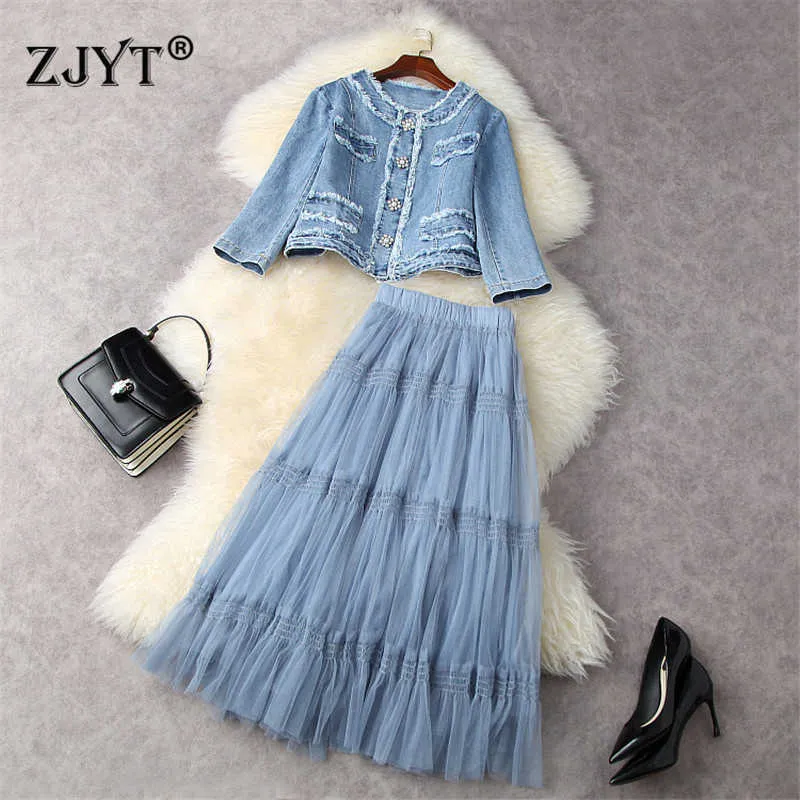 High Street Fashion Runway Designer Frühling Frauen Outfits Elegante Dame Kurze Jeansjacke und Midi Mesh Rock Anzug Sets 210601