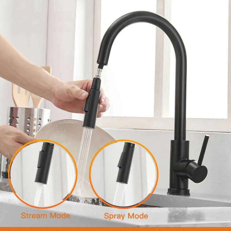 Küchenarmaturen Edelstahl Pull Out Kitchen Sink Wasserhahn Home Smart Induktion Mischbatterie Sensor Touch Control Waschbecken Wasserhahn 210724