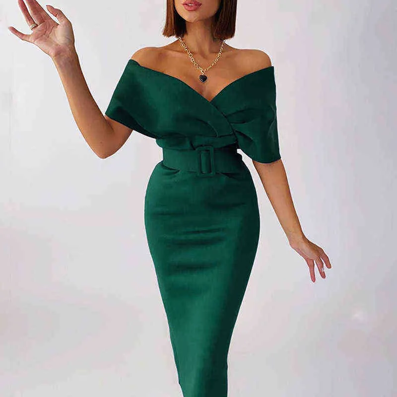 Wiosna Jesień Moda Pasted Wrap Office Dress Kobiety Sexy Off Ramię V Neck Club Party Dress Elegant Slim Długie Bodycon Dress Y1204