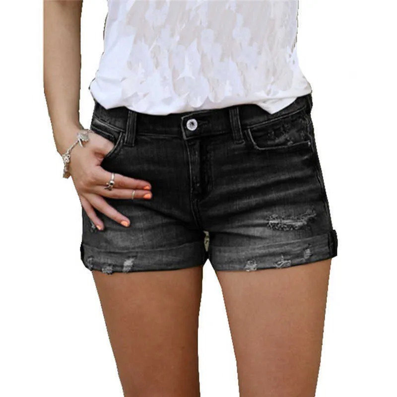 Vintage Ripped Hole Fringe Blue Jeans Denim Shorts Damen Casual Button Pocket Style Short 210714