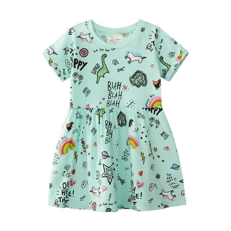 Jumping Meters Rainbow Baby Dress Clothes Cotton Print Cartoon Characters Unicorns Kids Girls Dresses Summer Child Wear 210529