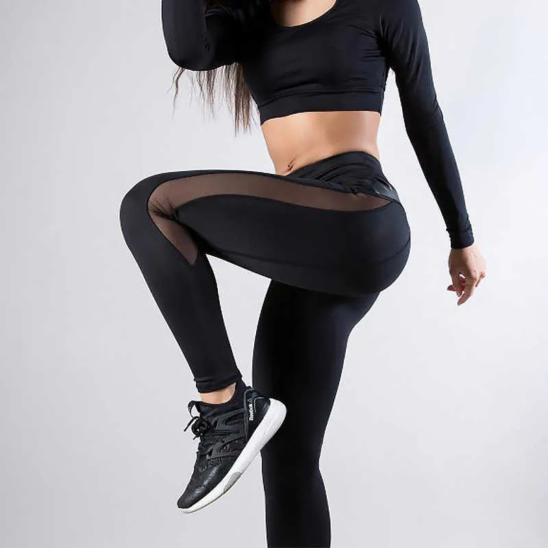 Chrisure Effen Hoge Taille Fitness Legging Dames Hart Workout Leggins Femme Mode Mesh en PU Lederen Patchwork Leggings 210925