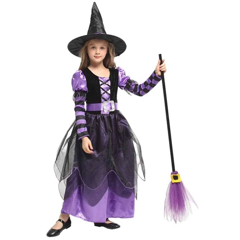 Costume da strega di Halloween bambine, scintillanti stelle d'argento, stampato, vestito cosplay di carnevale, con cappello a punta, bacchetta magica, vestiti Y0913