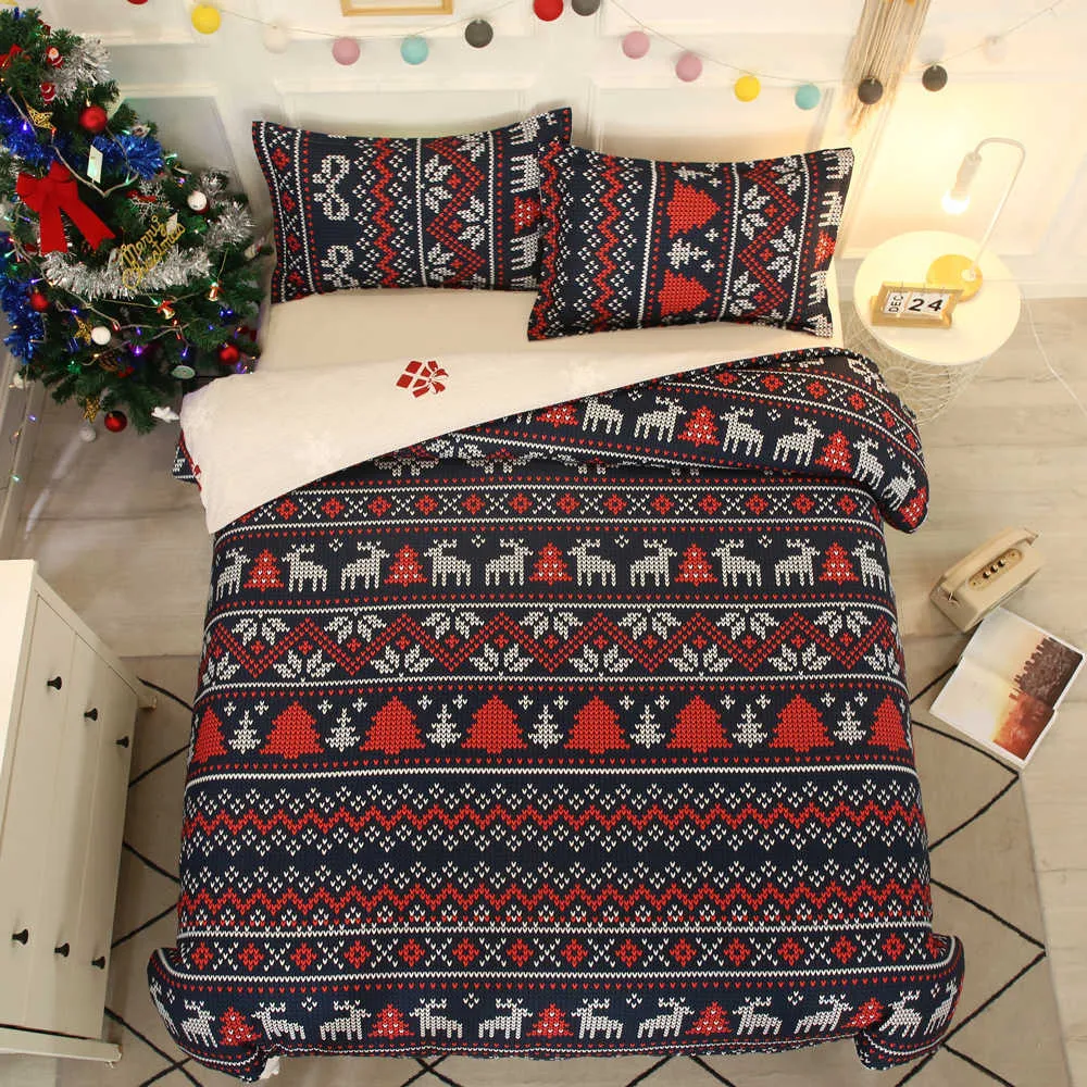 3ピースクリスマス寝具セットスノーフレーククリスマスツリーエルクホーム寝具セット羽毛布団カバー暖かいベッドシートセットエルデコレーション211007
