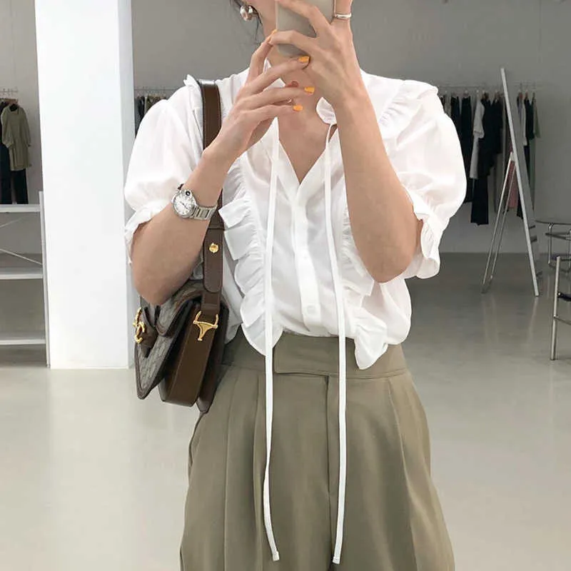 Korejpaa Women Shirt Summer Korean Fashion Versatile Style V-neck Lace Up Ruffle Design Loose Solid Short Sleeve Blouse Top 210526