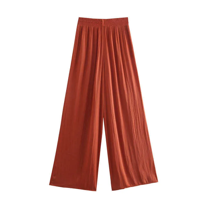 TRAF Za, pantalones de pierna ancha de gran tamaño para mujer de verano, pantalones casuales de cintura alta elásticos Vintage, ropa de calle fruncida, pantalón suelto para mujer 210915