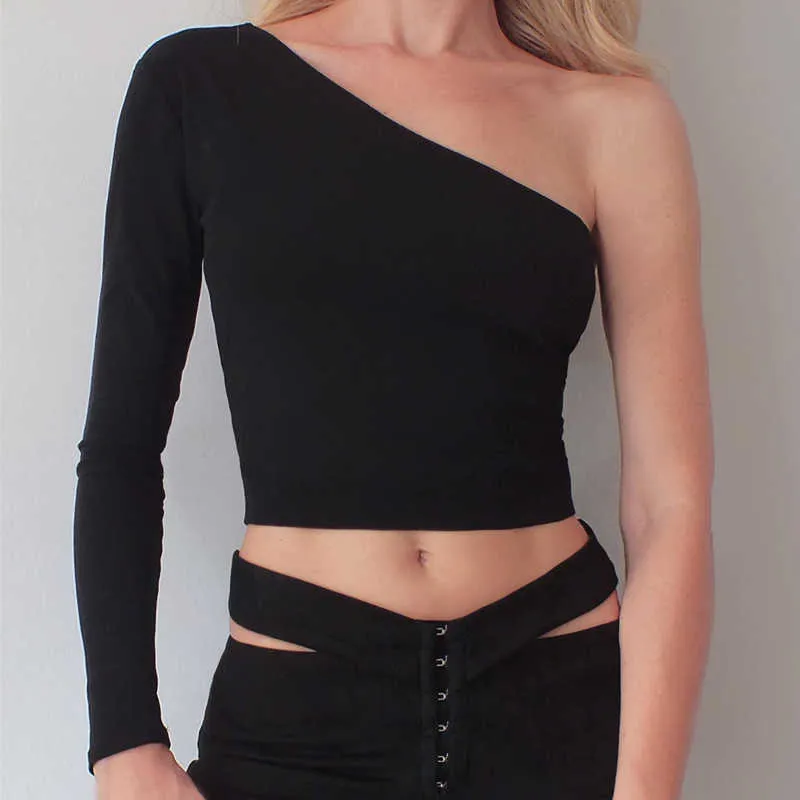 One Shoulder Slope Neckline T Shirt Sexy Backless Bandage Long Sleeve Women's Tshirt Black Crop Top Y2K 90S Clothes 210720