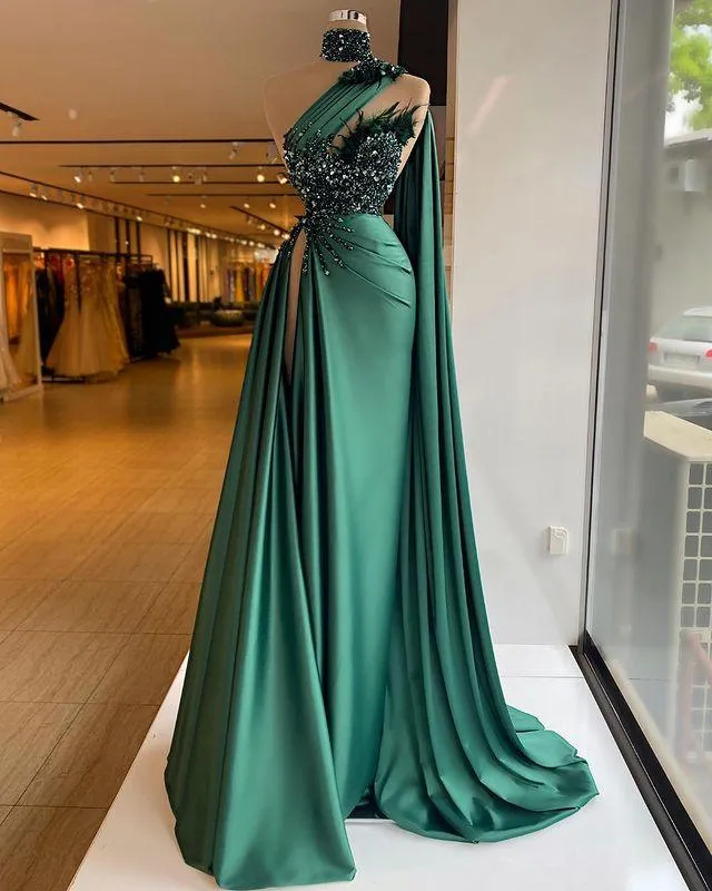 Sexy Hunter Green Satin Mermaid Prom Party Dresses One Shoulder High Neck Beaded Feather Plus Size Formal Evening Occasion Gowns 2318t