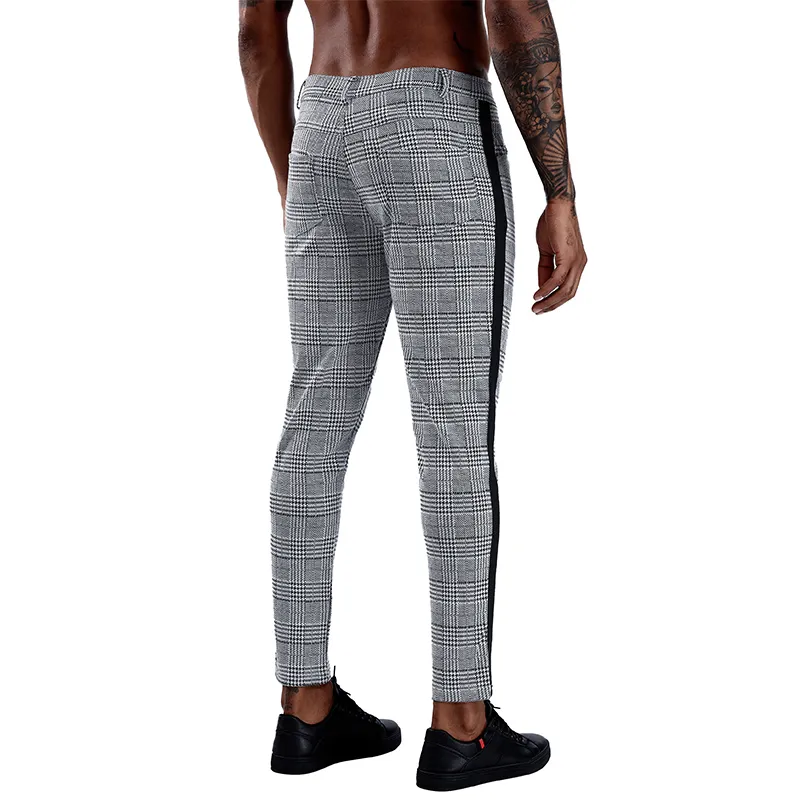 Casual Mens Chinos Cotton Slim Fit Men Pants Byxor Skinny Chinos Pants Grey Ankle Längd Streetwear Plaid Side Stripe Pants 210201