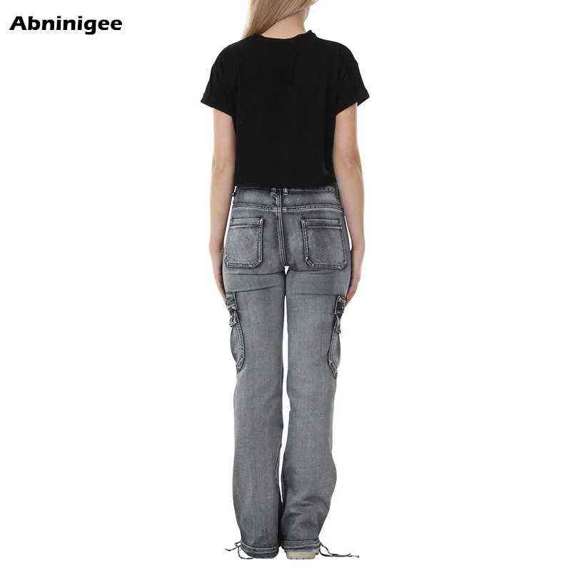 Jeans Femme Taille Haute Jambe Large Y2K Cargo Flare Vintage Casual Multi Poche Lavé Denim Bell Bottom Pantalon Plus Taille 211129