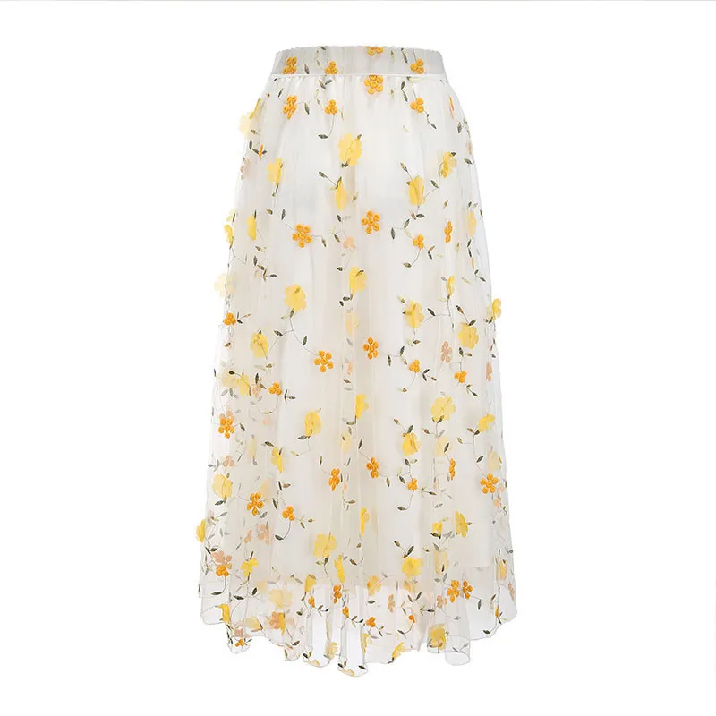 Falda plisada de malla de encaje con bordado de flores en 3D de colores caramelo para mujer de cintura alta larga Midi Skrit elegante tul dulce kawaii Streetwear 210309