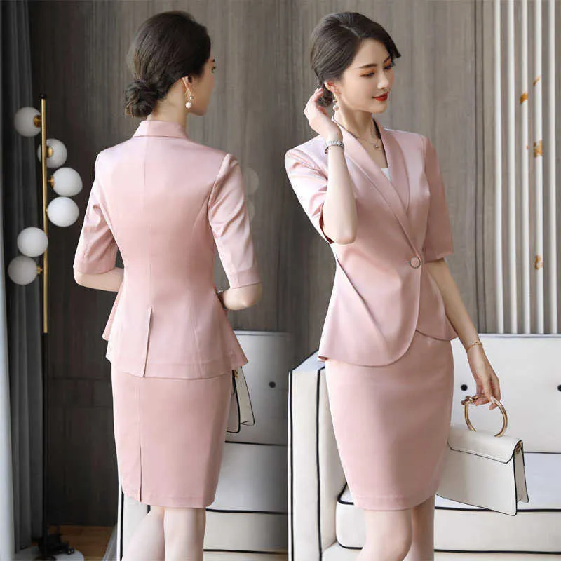 Elegante rosa senhora profissional terno verão moda senhoras jaqueta feminino saia de duas peças de alta qualidade 210527