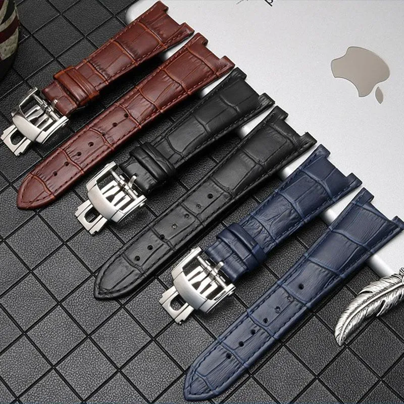 Bandas de reloj 25 mm impermeable correa de cuero genuino hebilla plegable azul marrón negro hombre reloj para PP Nautilus308m