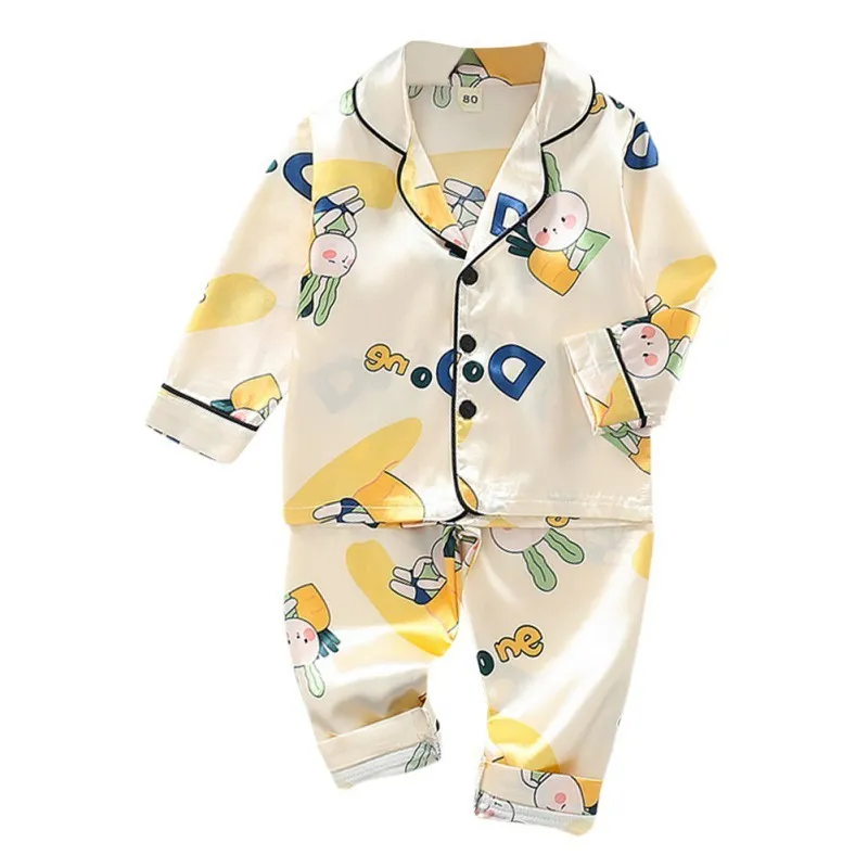 Toddler Silk Satin Pajamas Pyjamas Set Cartoon Kids Boys Girls Sleepwear Pijama Nightwear Suit Girl Home Clothes Boy Loungewear 220217