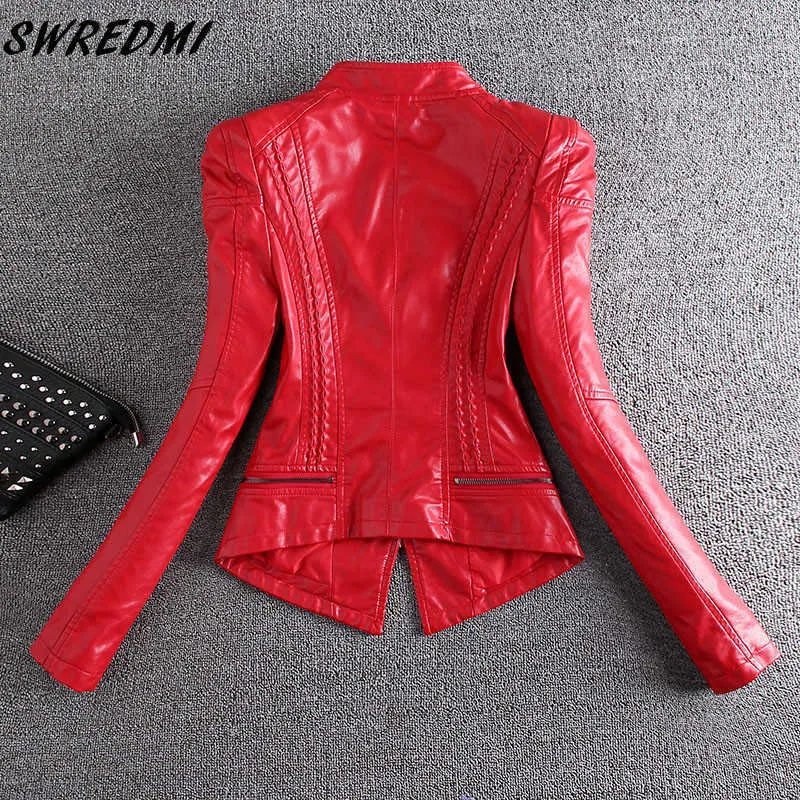 Swredmi Moda Red Motocicleta Casaco de Couro Mulheres Rivet Zíperes Biker Casaco de Couro Plus Size S-3XL Suede Outerwear 211007