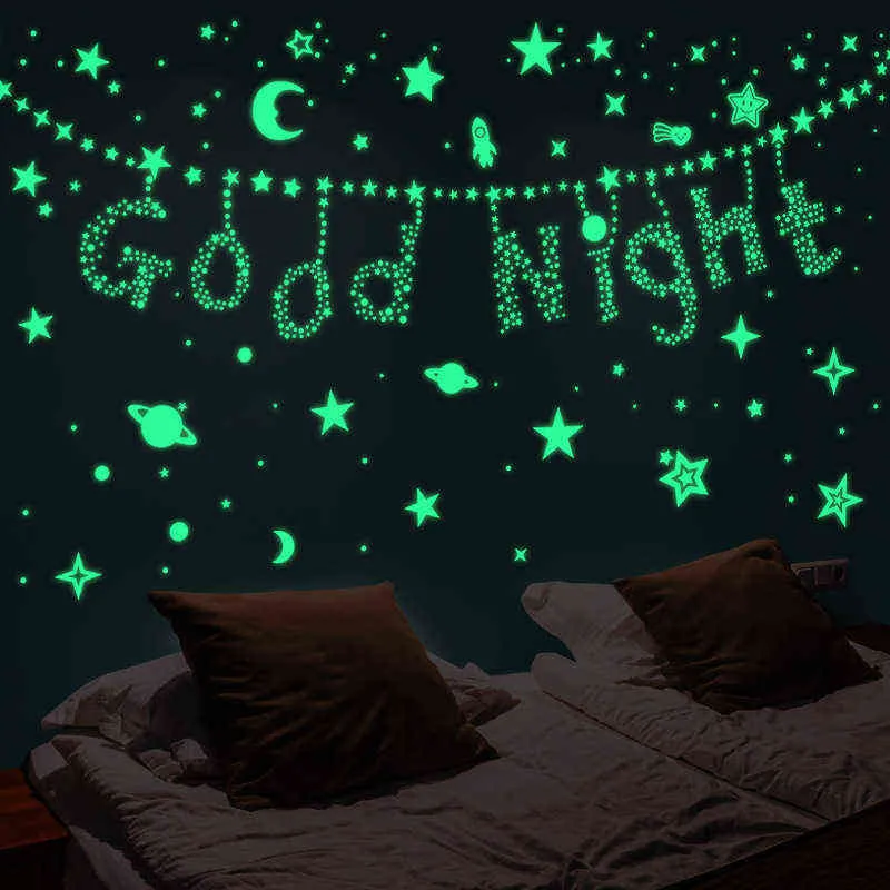 Lua luminosa e estrelas adesivos de parede para crianças sala bebê berçário casa decoração decalques de parede brilho no teto do quarto escuro 211124