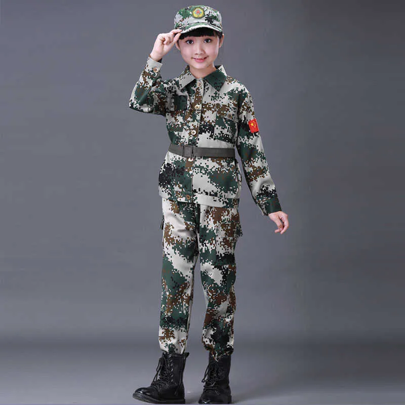 Novo Dia das Bruxas Fantasia Crianças Soldado do Exército Cosplay Trajes Uniforme Militar Meninos Camuflagem Combat Treinamento Jackets 100-180cm Q0910