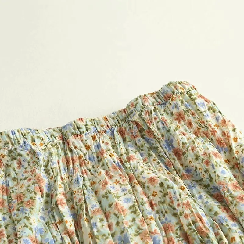 Новый Boho Green Floral Print Rayon морщина длинная юбка для юбки для женщин эластичная высокая талия Ruched Pliated Swing юбки пляж 210309
