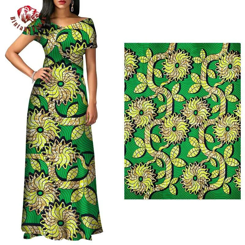 Afrikanskt tryck 100% Polyester Grön bakgrund Tyg Sömnad Blommor Vax Real Material Party FP6364