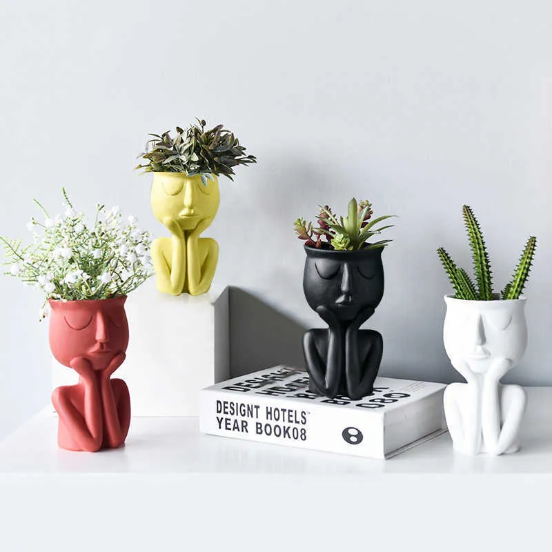 Résine abstraite visage pot de fleur figurines vase décoration assis sculpture table arrangement de fleurs conteneur cadeau ornements 210623
