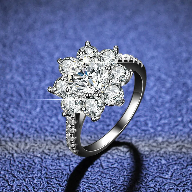 Anello con fiocco di neve in moissanite color D con test del diamante a taglio eccellente, regalo di nozze con pietre preziose bianche in argento 925