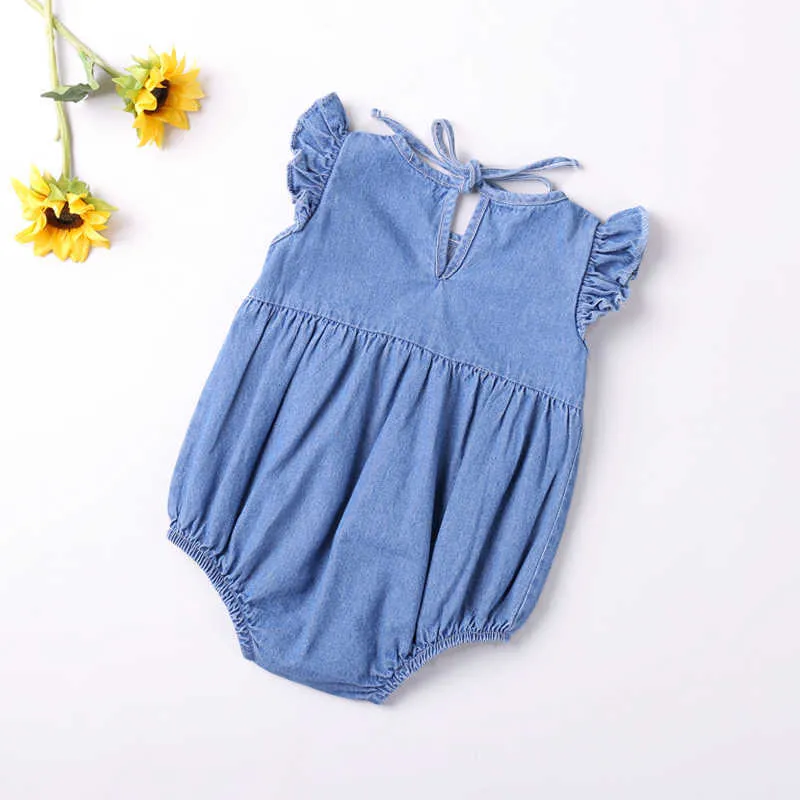 여름 데님 비행 소매 romper 아기 옷 유아 소녀 bodysuits 어린이 210528