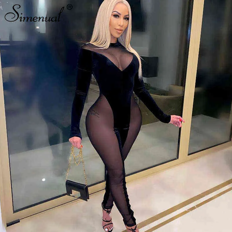 Simenual Mesh Velvet Patchwork Skinny Pagliaccetti Tuta da donna Sexy See Through Midnight Club Bodycon Wild Bodystocking Nero 211116