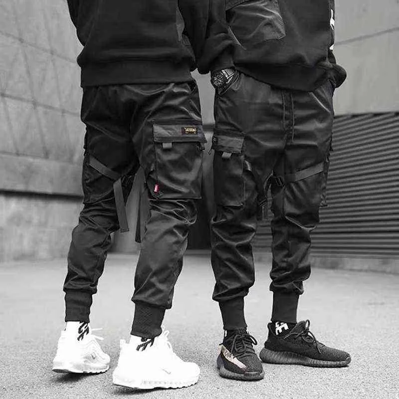 Hip Hop Boy Multi-Pocket Elastyczny Design Harem Pant Mężczyźni Streetwear Punk Casual Spodnie Jogger Mężczyzna Taniec Black Pet 211201