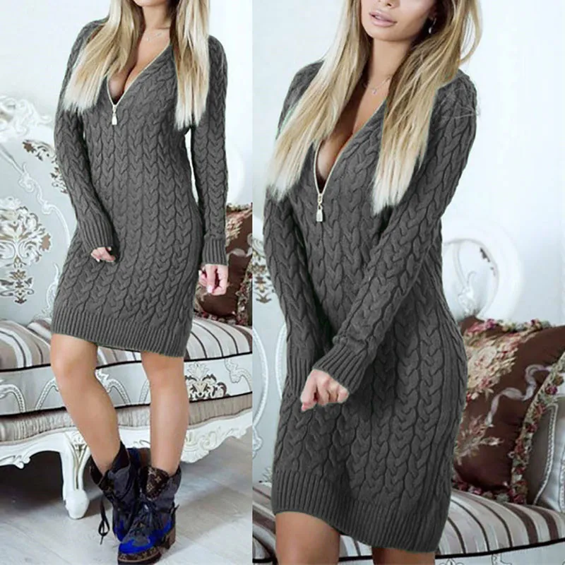 Mini Moda Zip-Up Zipper Dress Sweater de inverno Sexy V pesco￧o Party Warm Bodycon Mulheres vestidos novos GV101 210304