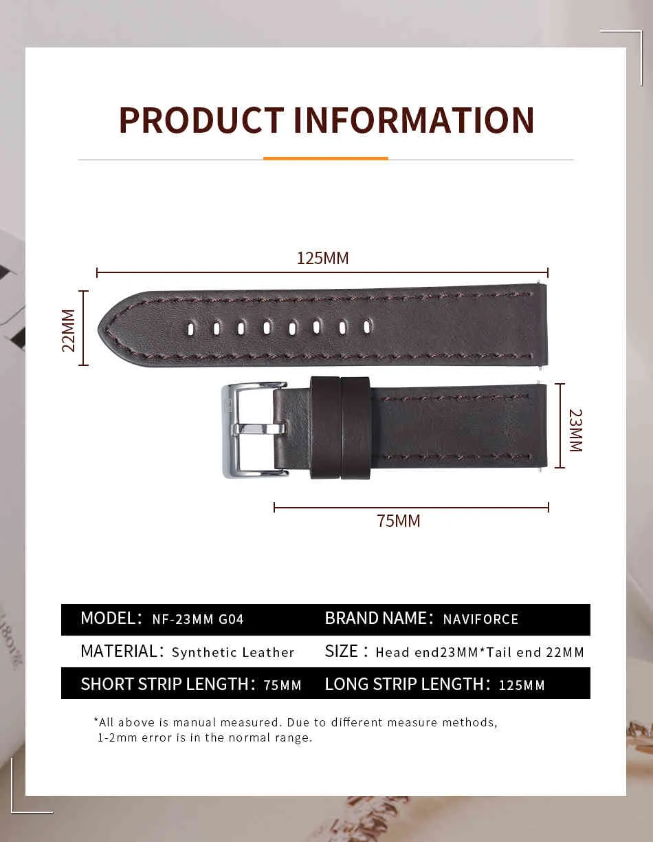 Cinturino NAVIFORCE Cinturino in vera pelle da 23 mm Cinturini impermeabili con fibbia Accessori orologi da cintura di ricambio Marrone