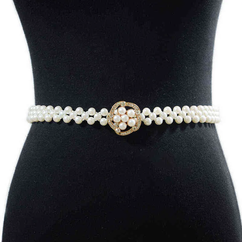 Pearl Belt 2cm Bred Trä Spänne Kvinnors Tunnelbälte Rhinestone Inlagda Dekorativ Elastisk Kropp Bröllopsfestkedja BG-1241 G220301