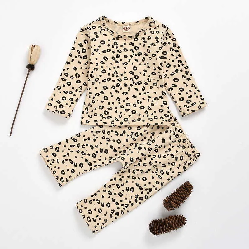 Bahar Bebek Pijama Setleri Leopar Uzun Kollu Kız Erkek Ev Takım Elbise Uyku Yeminli Çocuk Giysileri E20537 210610
