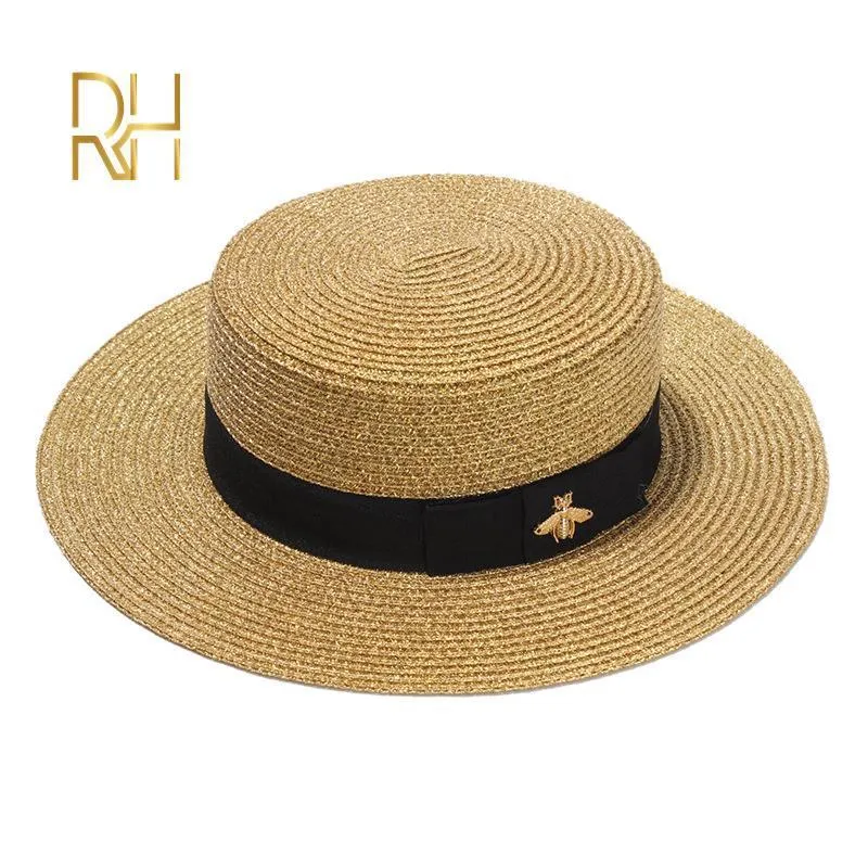 Senhoras sol boater chapéus planos pequena abelha lantejoulas chapéu de palha retro ouro trançado chapéu feminino pára-sol brilho boné liso rh 2207121115185